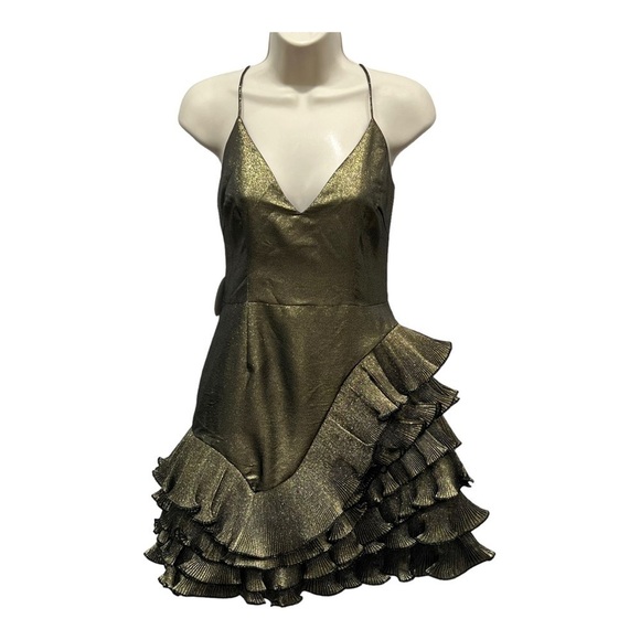 La Maison Talulah Golda Ruffle Mini Dress Black Gold Sparkle Glitter Small New - Picture 2 of 16